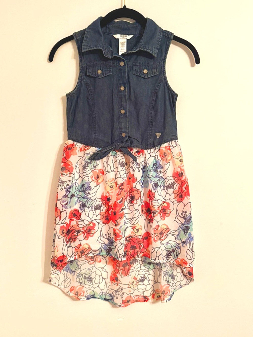 Guess Girls Denim Bodice Floral High-Low Dress - Blue/White/Red